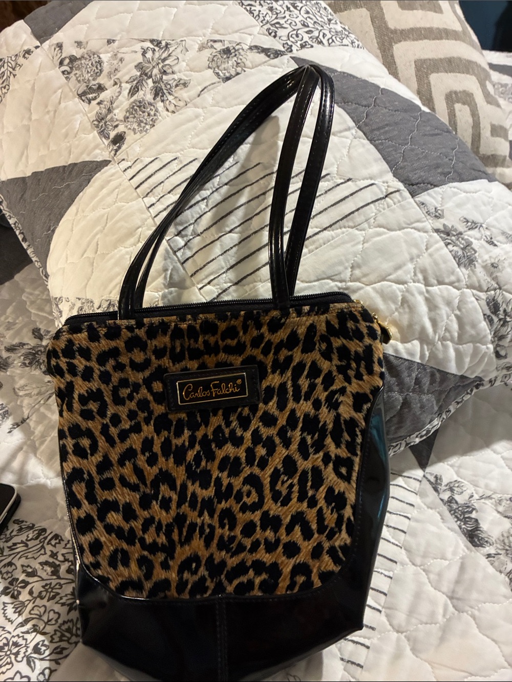 Carlos Falchi Leopard Print Tote in Black and Tan